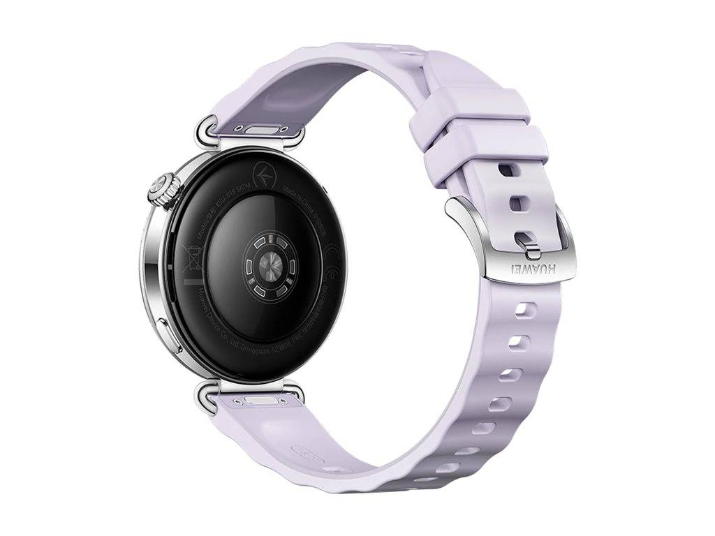 Eine Smartwatch mit einem lavendelfarbenen Armband und einem runden schwarzen Zifferblatt, entwickelt für Fitness-Tracking und Benachrichtigungen. Der Markenname ist sichtbar.