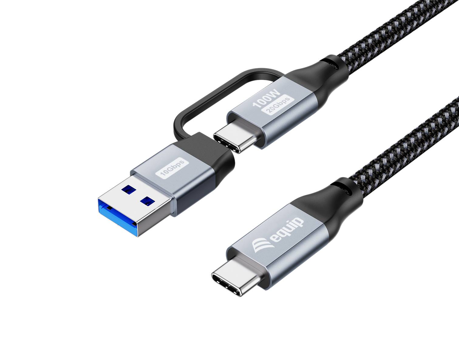 Geflochtenes USB-C-zu-USB-A-Ladekabel mit einem kurzen angebundenen Adapter, gekennzeichnet mit 100W Schnellladevorgang.
