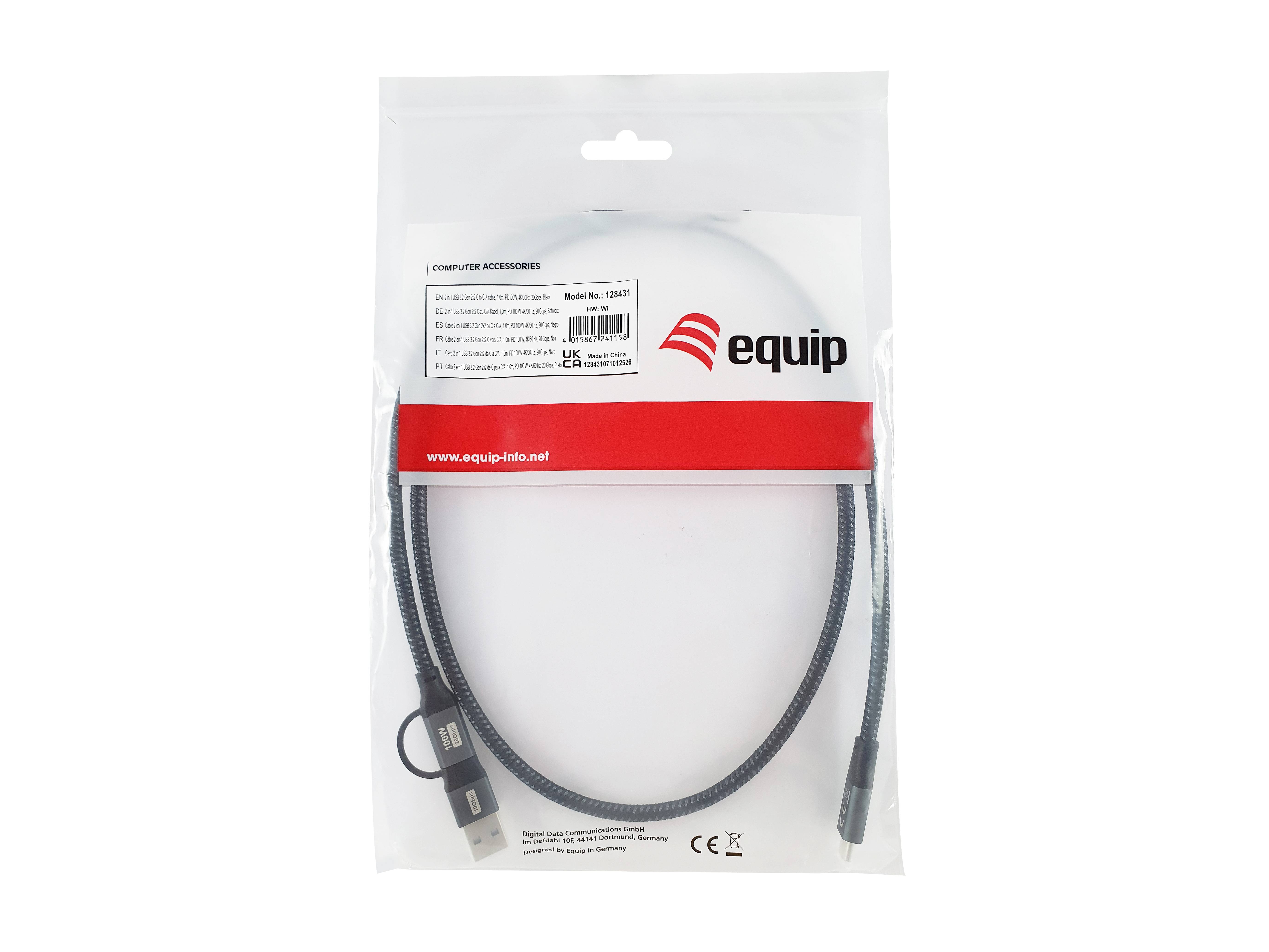 Verpacktes schwarzes Equip-Kabel mit Anschlüssen, in klarer Einzelhandelsverpackung auf weißem Hintergrund dargestellt.