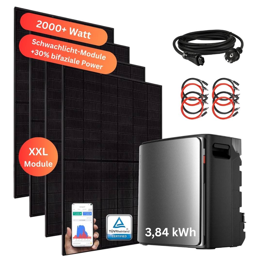 MyVoltaics® Balkonkraftwerk mit Speicher STREAM Ultra X 3,84 kWh, 4x500Wp bifazial, 2000W Set, SmartMeter ohne Aufständerung