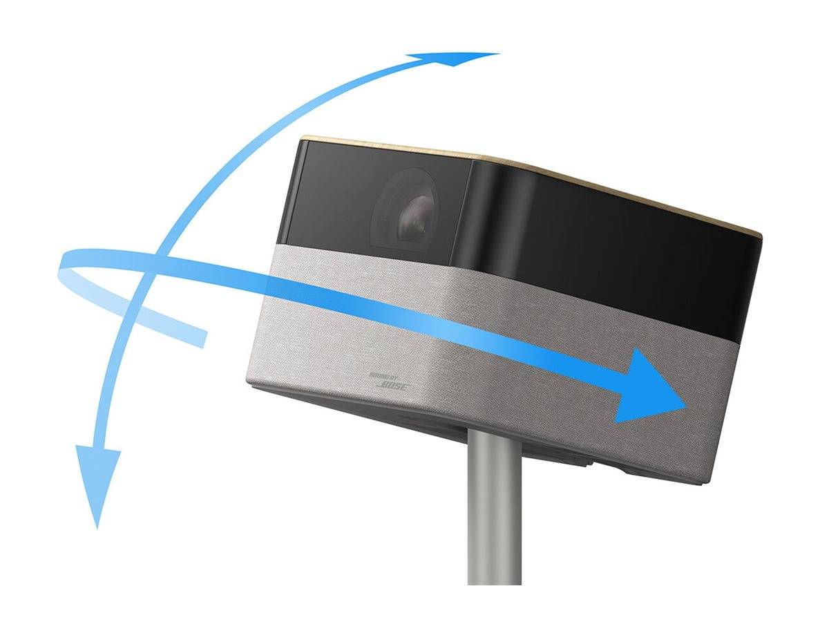 Ein Projektor auf einem Ständer, der blaue Pfeile projiziert, die Bewegung oder Rotation anzeigen.