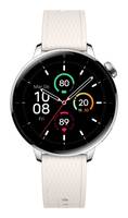 Rundes Smartwatch mit schwarzem Zifferblatt und weißem Armband, das die digitale Uhrzeit 10:08, das Datum 20 und Gesundheitsstatistiken in farbigen Kreisen anzeigt.