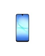 Ein Smartphone mit angezeigtem blauem Farbverlauf-Bildschirm, das ein minimalistisches Design mit einer kleinen Aussparung oben zeigt.