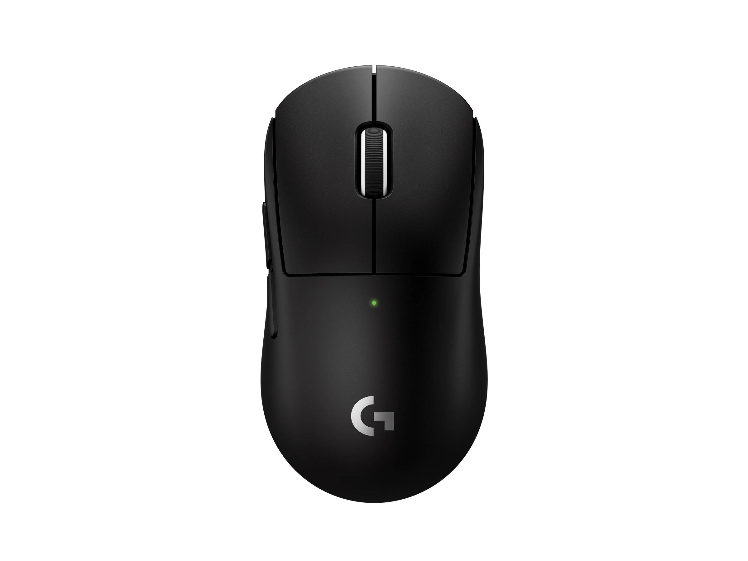 Schwarze kabellose Computermaus mit Scrollrad, kleinem grünem Statuslicht und Logitech-'G'-Logo auf der Unterseite.