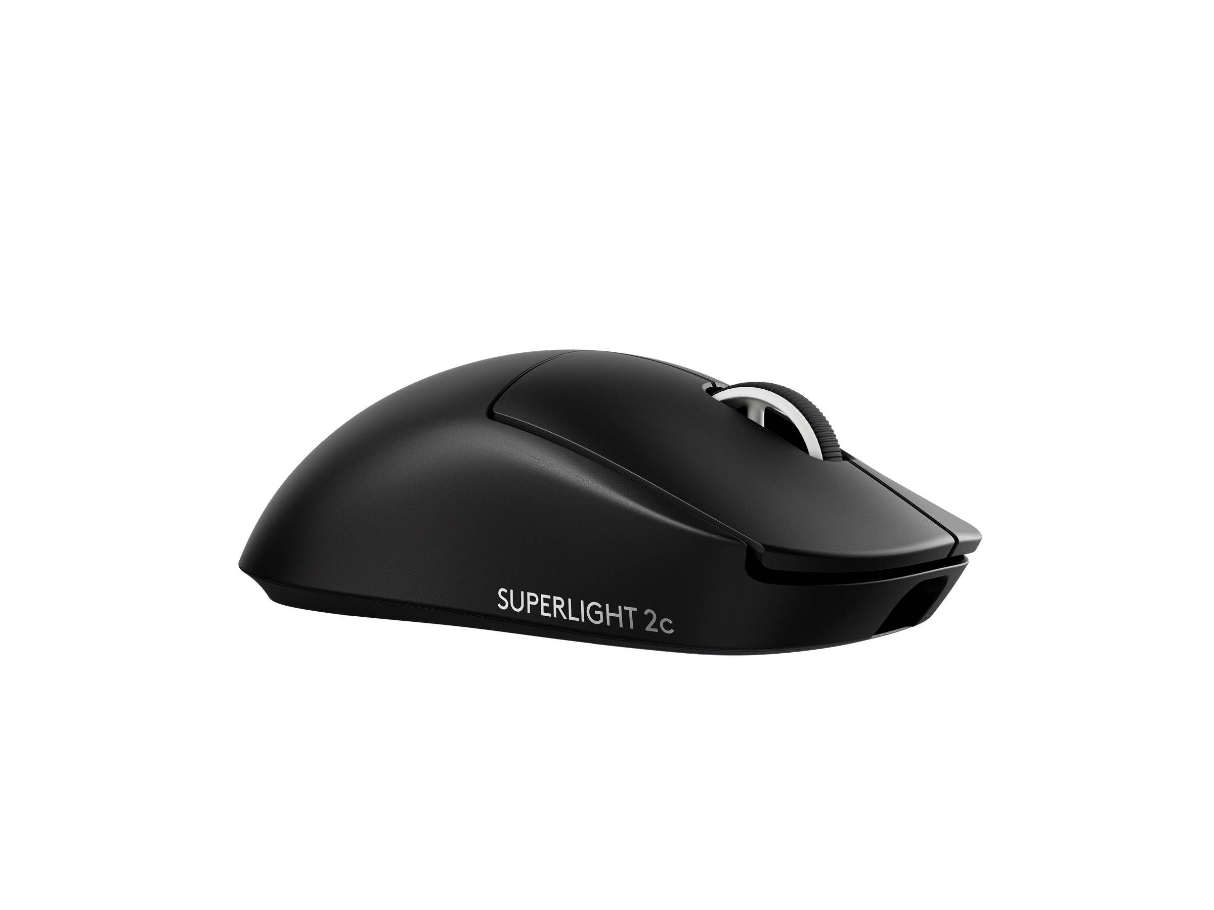 Schwarze kabellose Logitech Superlight 2c Maus in Seitenansicht auf weißem Hintergrund.