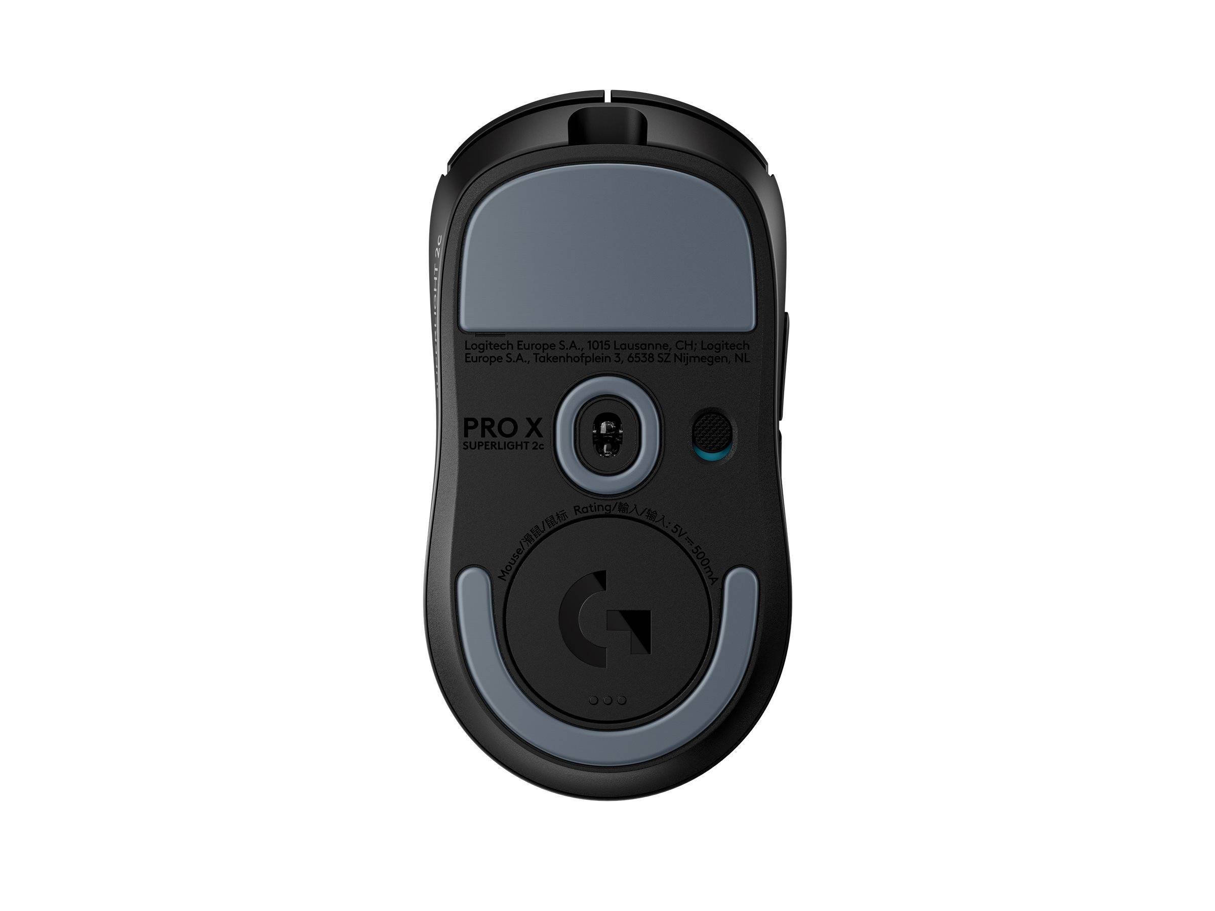 Schwarze Logitech G Pro X kabellose Gaming-Maus von unten gezeigt, mit sichtbarem Sensor, Einschaltknopf und „PRO X