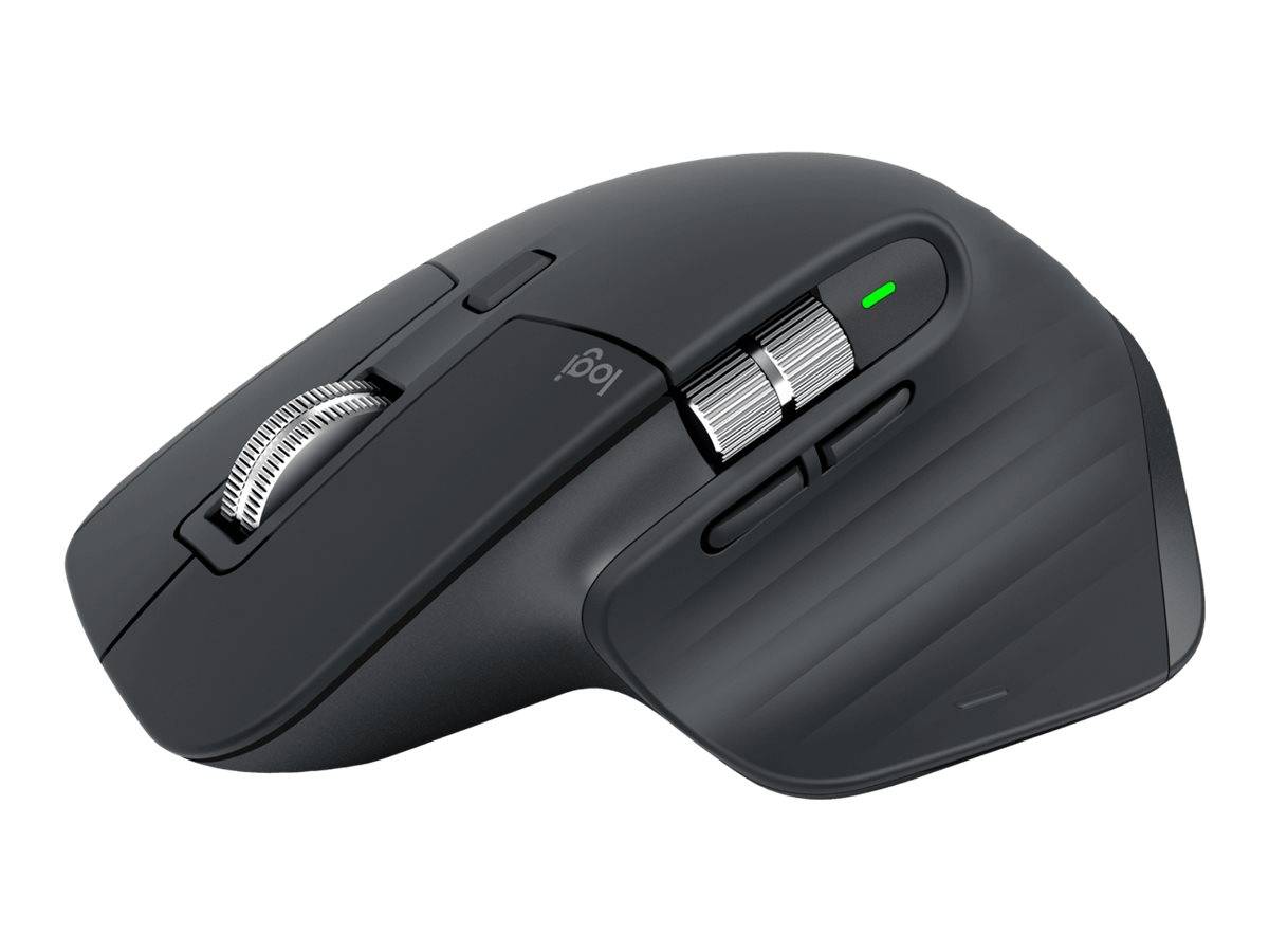 Eine schwarze ergonomische Computermaus mit einem seitlichen Scrollrad, mehreren zusätzlichen Schaltflächen und einer leuchtenden Anzeigelampe.