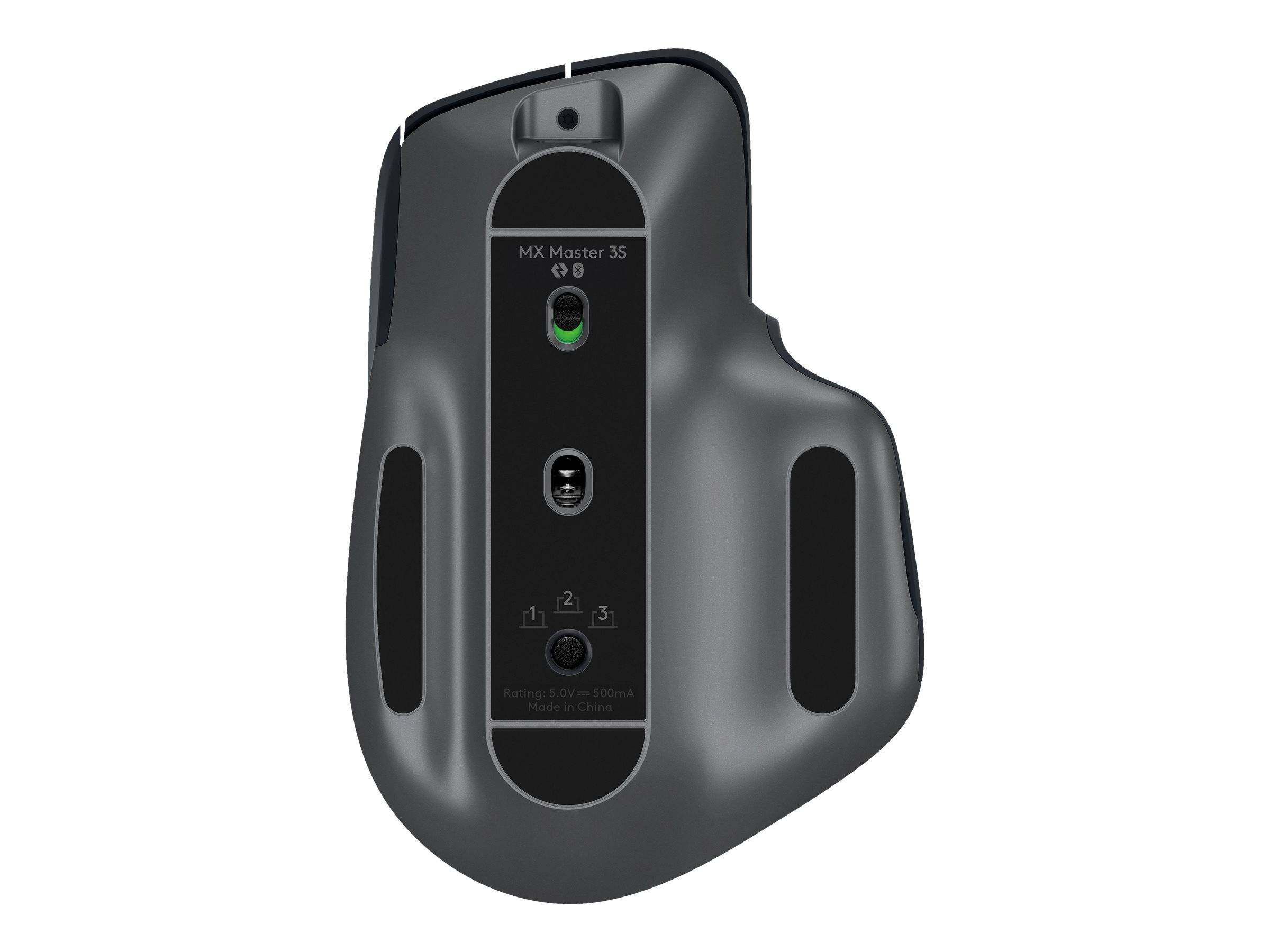 Schwarze ergonomische Computermaus mit Unteransicht, die einen Schieberegler für die Bluetooth-Verbindung und einen Sensor zeigt, Modell 'MX Master 3S'.