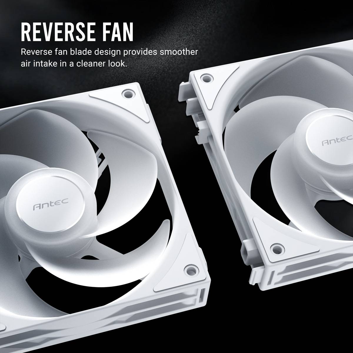 **Umkehrventilator** in Fettdruck. Das Bild zeigt zwei weiße Ventilatoren mit der Bezeichnung „Antec