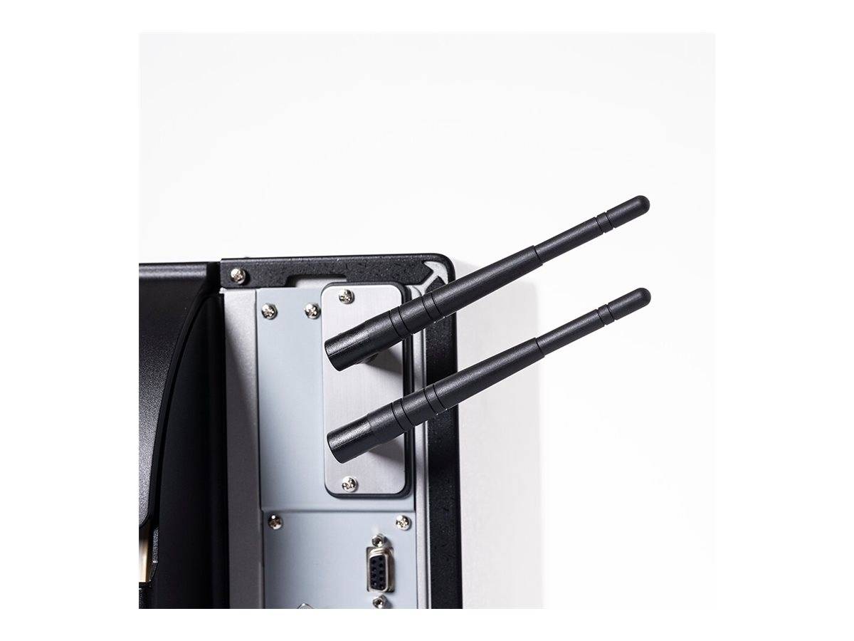 Zwei schwarze Antennen, die an einem silbernen elektronischen Gerät befestigt sind, senkrecht gegen einen weißen Hintergrund positioniert, deuten auf Kommunikation oder Konnektivität hin.