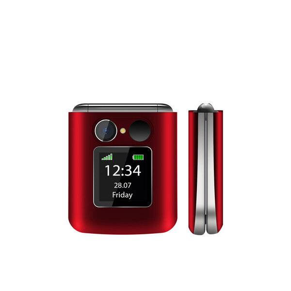 Rotes zusammenklappbares Klapphandy, geöffnet und in Seitenansicht gezeigt, mit kleinem frontseitigen Display, das 12:34, 28.07, Freitag, Signal- und Batteriesymbole anzeigt.