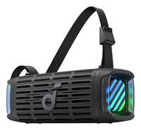 Tragbarer Bluetooth-Lautsprecher mit einem Gurt, der eine zylindrische Form und LED-Lichter an jedem Ende besitzt, die ein mehrfarbiges Muster zeigen.