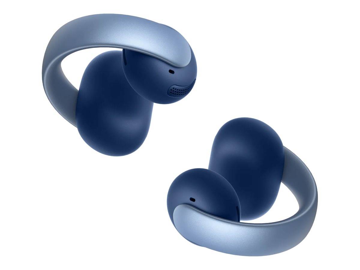 Kabellose blaue Ohrhörer mit ergonomischem Design, ausgestattet mit einer Schlaufenbandage für sicheren Halt. Geeignet für sportliche Aktivitäten.