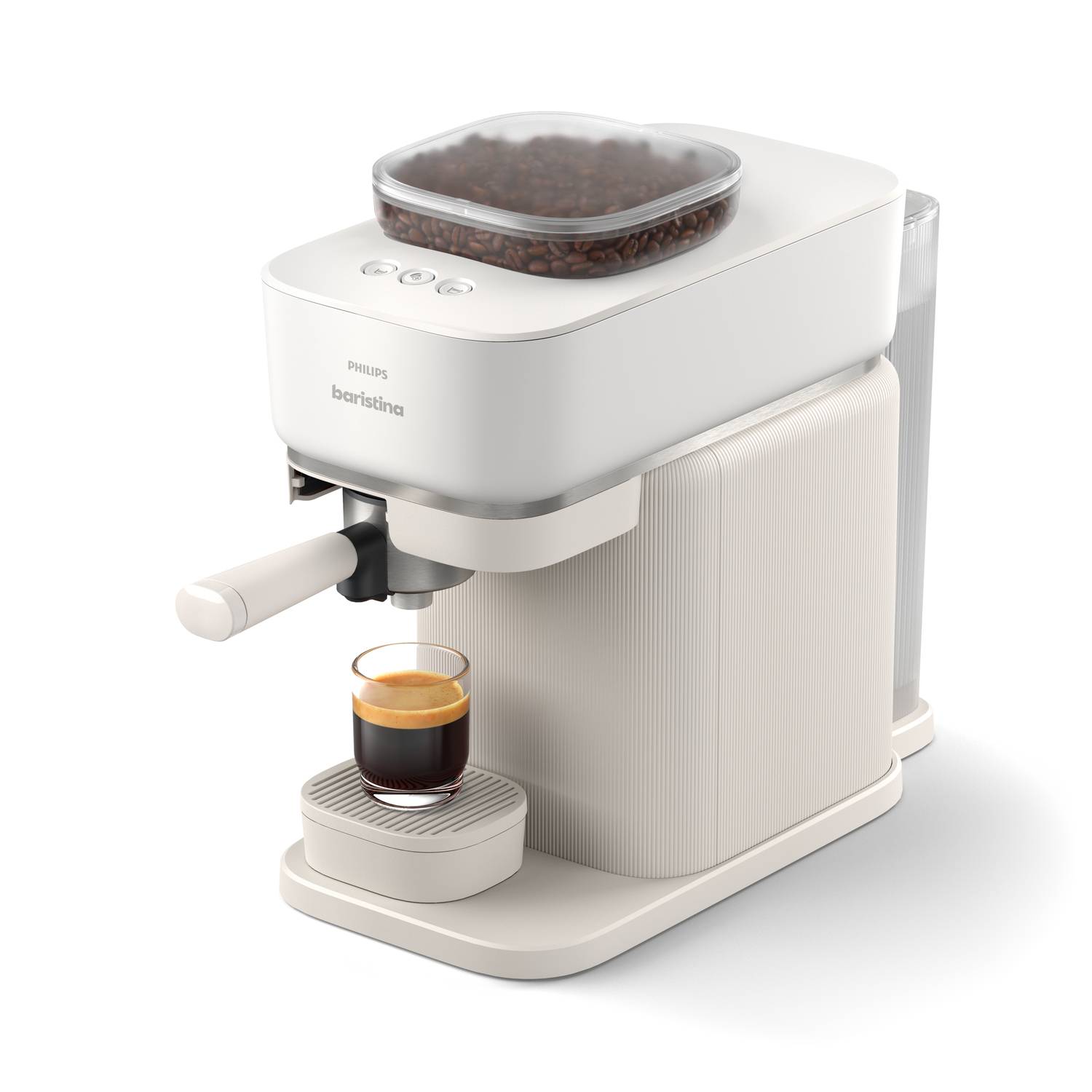 Weiße Philips Baristina Kaffeemaschine mit Kaffeebohnen im Behälter, angebrachtem Siebträger und einem Espresso-Shot in einer kleinen Glastasse.