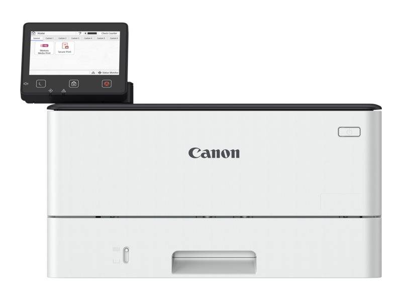 Ein weißer Canon-Drucker mit einem kleinen Displaybildschirm, der den Druckerstatus und die Steuerungselemente anzeigt und dabei sein kompaktes Design betont.