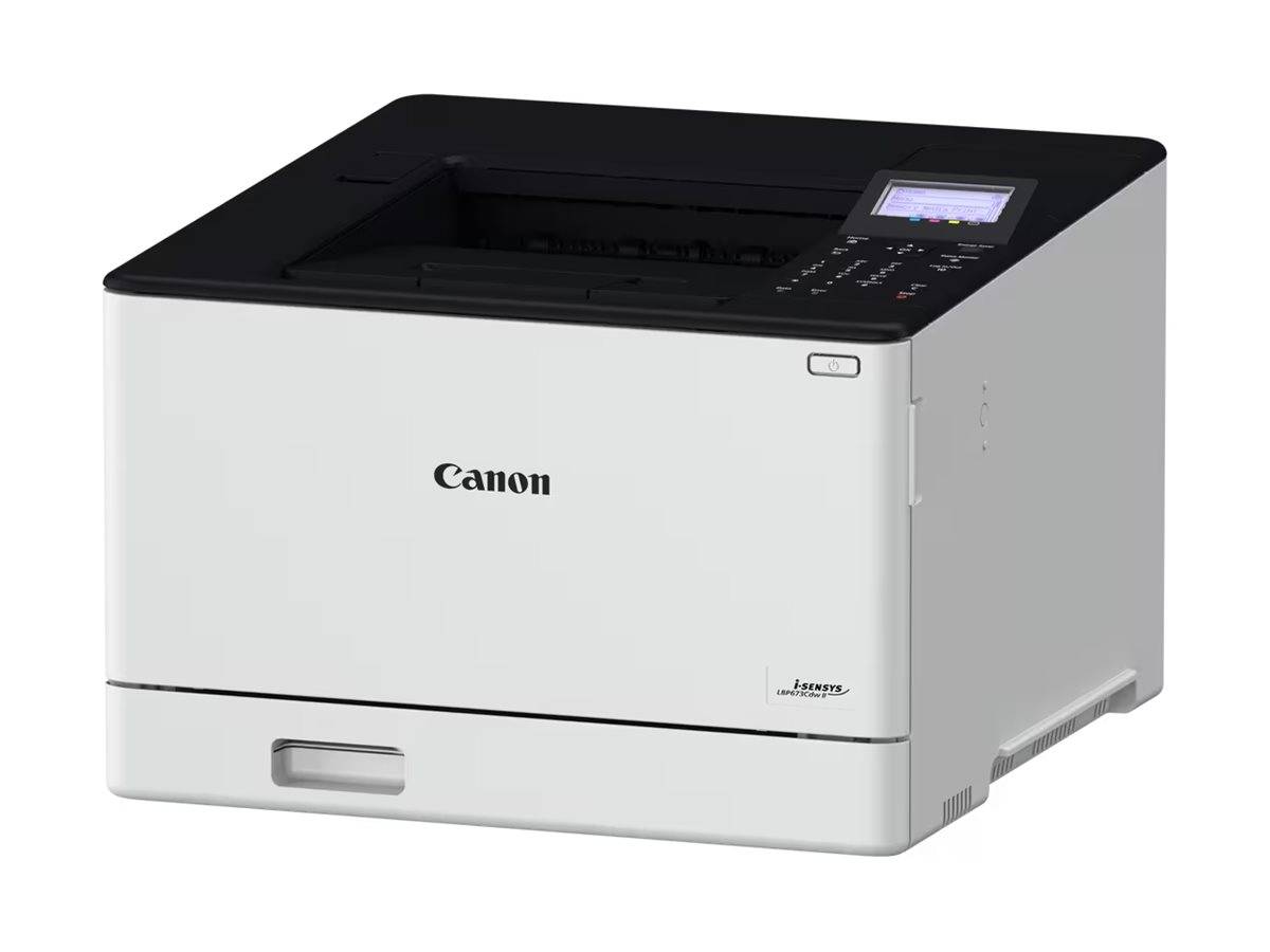 Canon-Drucker, Modell mit weiß-schwarzem Design, verfügt über einen kleinen Displaybildschirm und Bedienfeld oben, geeignet für den Bürogebrauch.