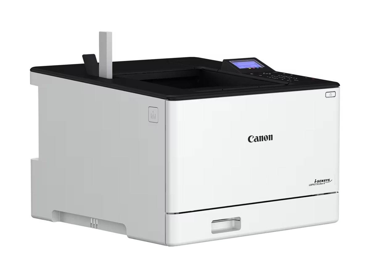 Ein weißer Canon-Drucker mit digitalem Display und Papierausgabefach wird gezeigt, geeignet für Büro- oder Heimanwendung.