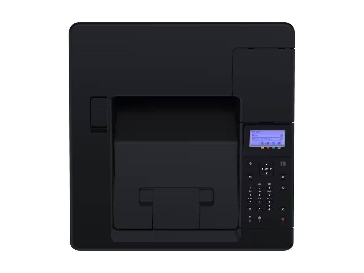 Ein schwarzer Multifunktionsdrucker mit einem kleinen Bedienfeld auf der rechten Seite, das mehrere Tasten und einen Anzeigebildschirm aufweist.