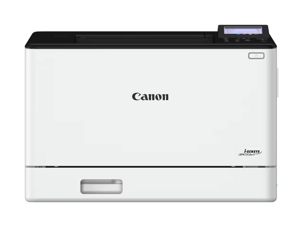 Ein Canon-Drucker mit weißem Gehäuse und einem kleinen Bildschirm oben rechts, Modell beschriftet als 'LBP673Cdw i-Sensys'.