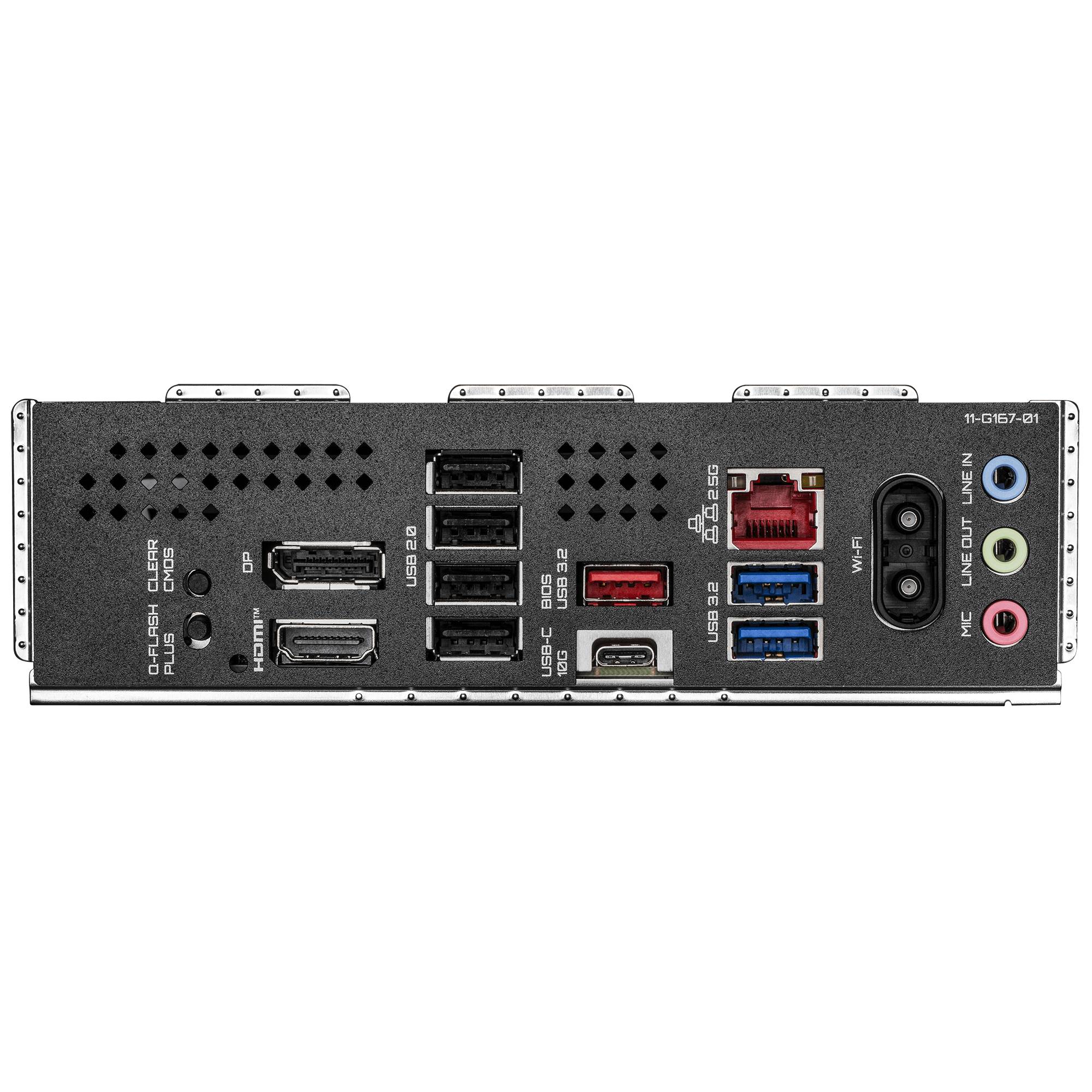 Rückseite eines Desktop-Motherboards mit USB-Anschlüssen, HDMI, DisplayPort, Ethernet, Wi-Fi-Antennenbuchsen und Audioanschlüssen.