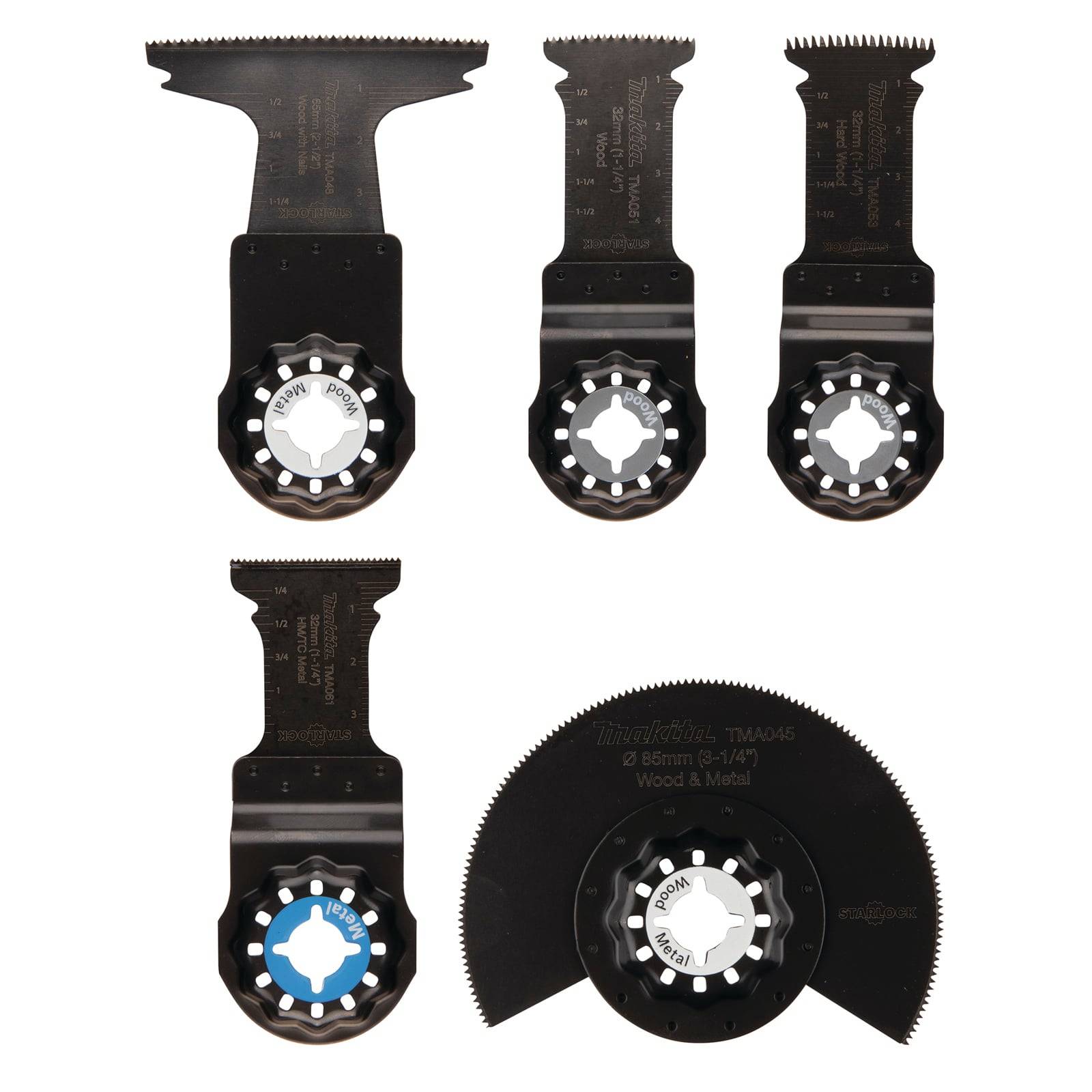 Ein Set aus fünf oszillierenden Multitool-Sägeblättern, die in einer Reihe angeordnet sind. Die Klingen variieren in ihrer Form und sind für das Schneiden von Holz und Metall konzipiert.