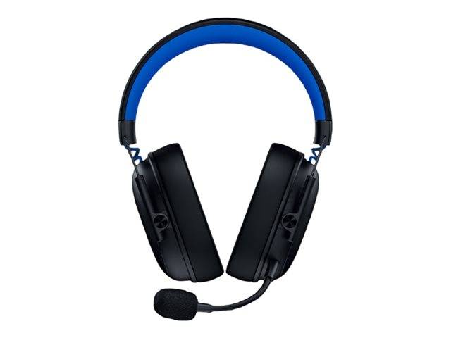 Blau-schwarzes Over-Ear-Gaming-Headset mit Boom-Mikrofon auf weißem Hintergrund.