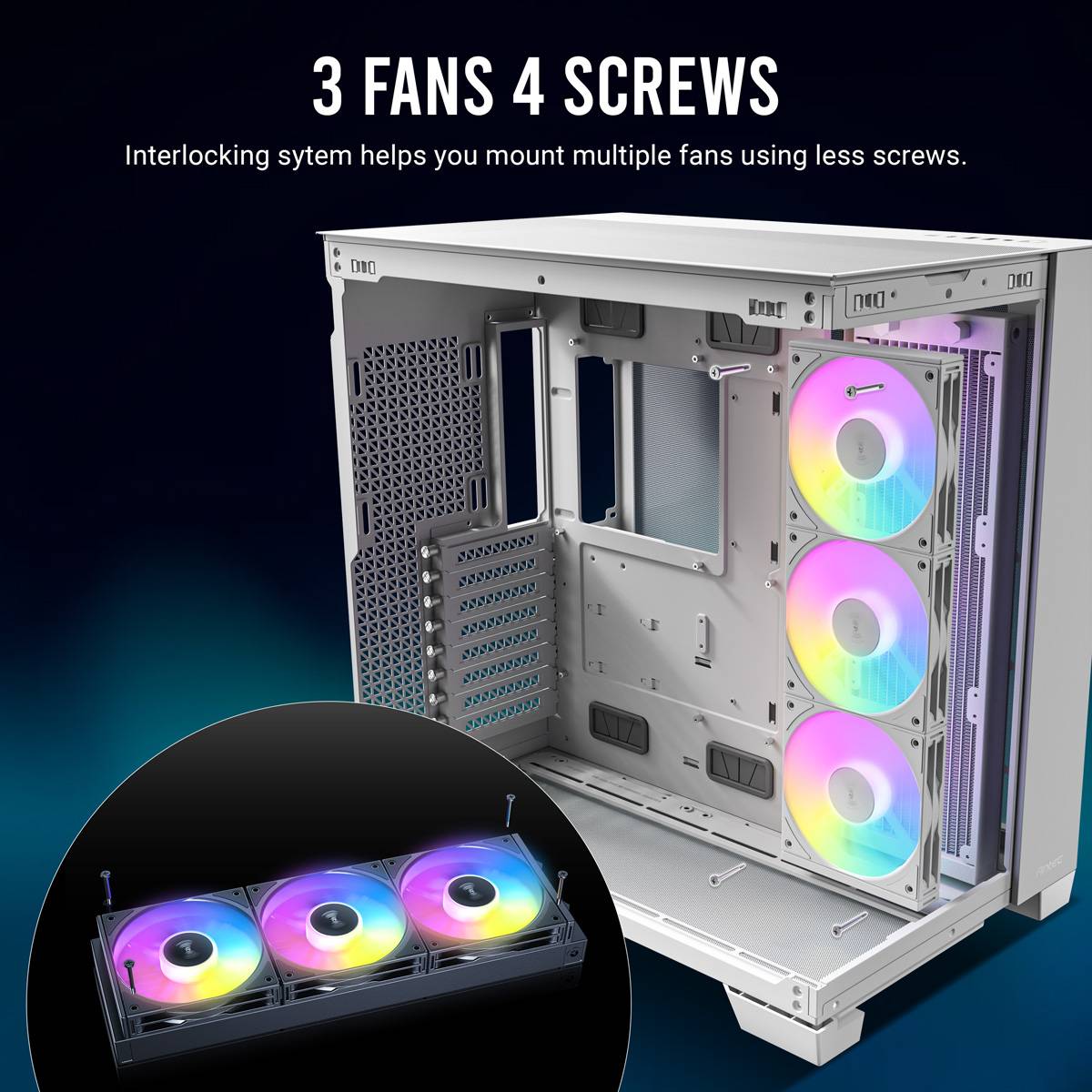 Computergehäuse mit drei RGB-Lüftern im Inneren, hervorgehoben durch eine vergrößerte Nahaufnahme. Der Text lautet: „3 Lüfter 4 Schrauben. Das Verschranksystem ermöglicht es dir, mehrere Lüfter mit weniger Schrauben zu montieren.