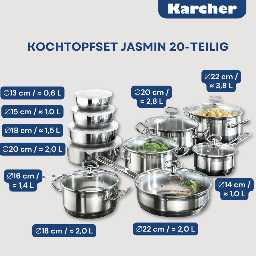 Karcher Topfset Jasmin (Edelstahl, 20-teilig, inkl. Glasdeckel und Edelstahl Schüssel Set, Induktion)