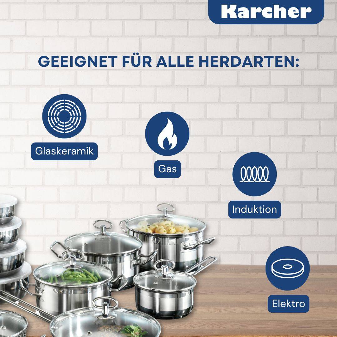 Karcher Topfset Jasmin (Edelstahl, 20-teilig, inkl. Glasdeckel und Edelstahl Schüssel Set, Induktion)