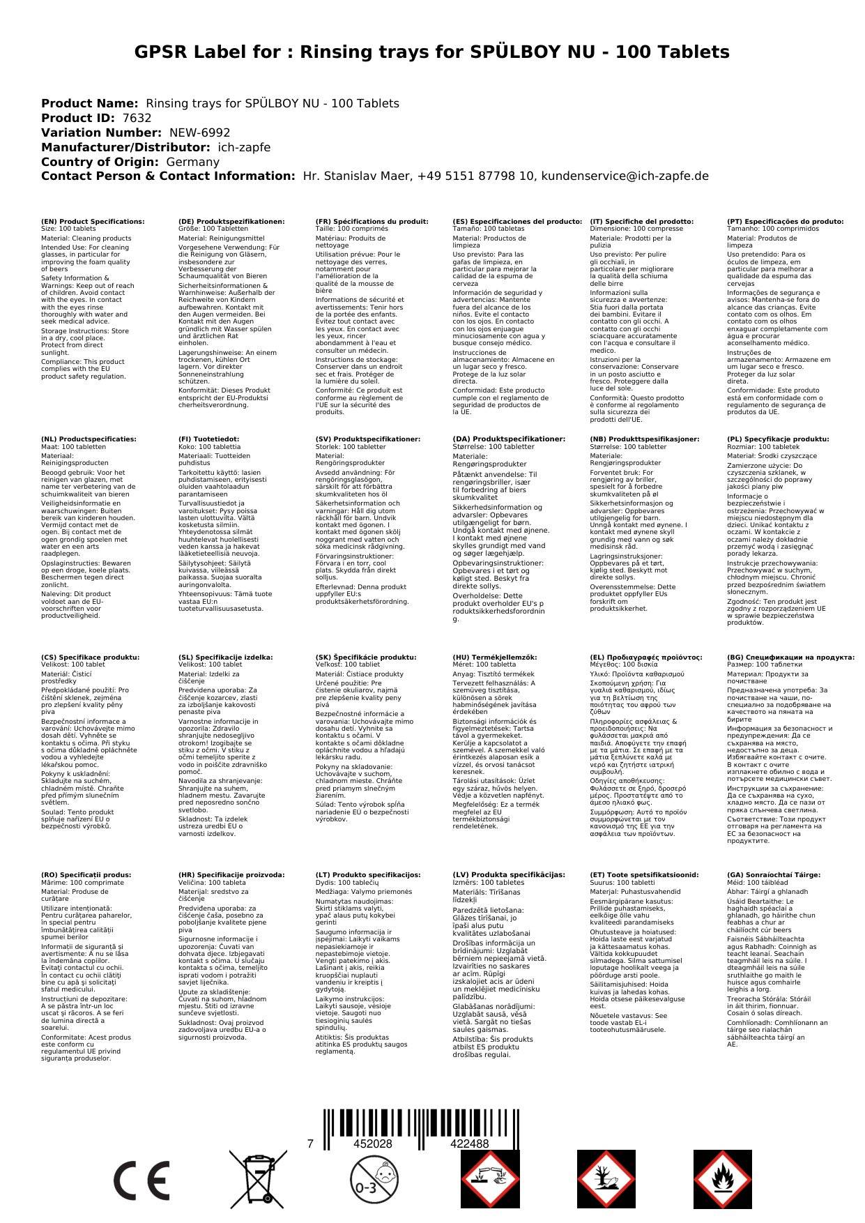 Spültabs, Gläserspültabletten für SPÜLBOY NU - 100 Tabletten