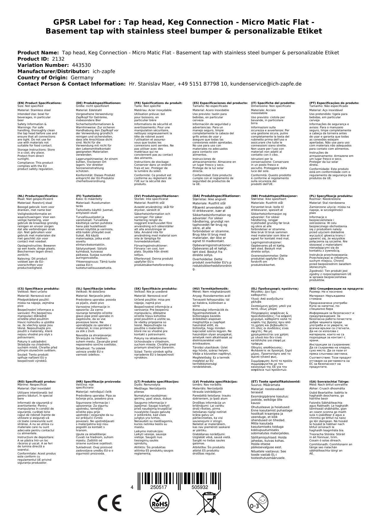 Zapfkopf, Keg Anschluss - Micro Matic Flach - Kelleranstich mit Edelstahl-Stößel