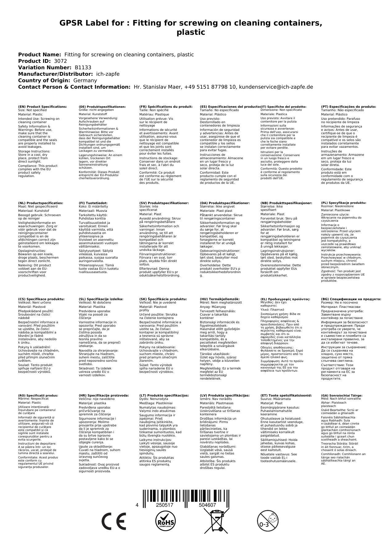 Fitting zum Aufschrauben auf Reinigungsbehälter, Kunststoff, Art: Flach- Fitting