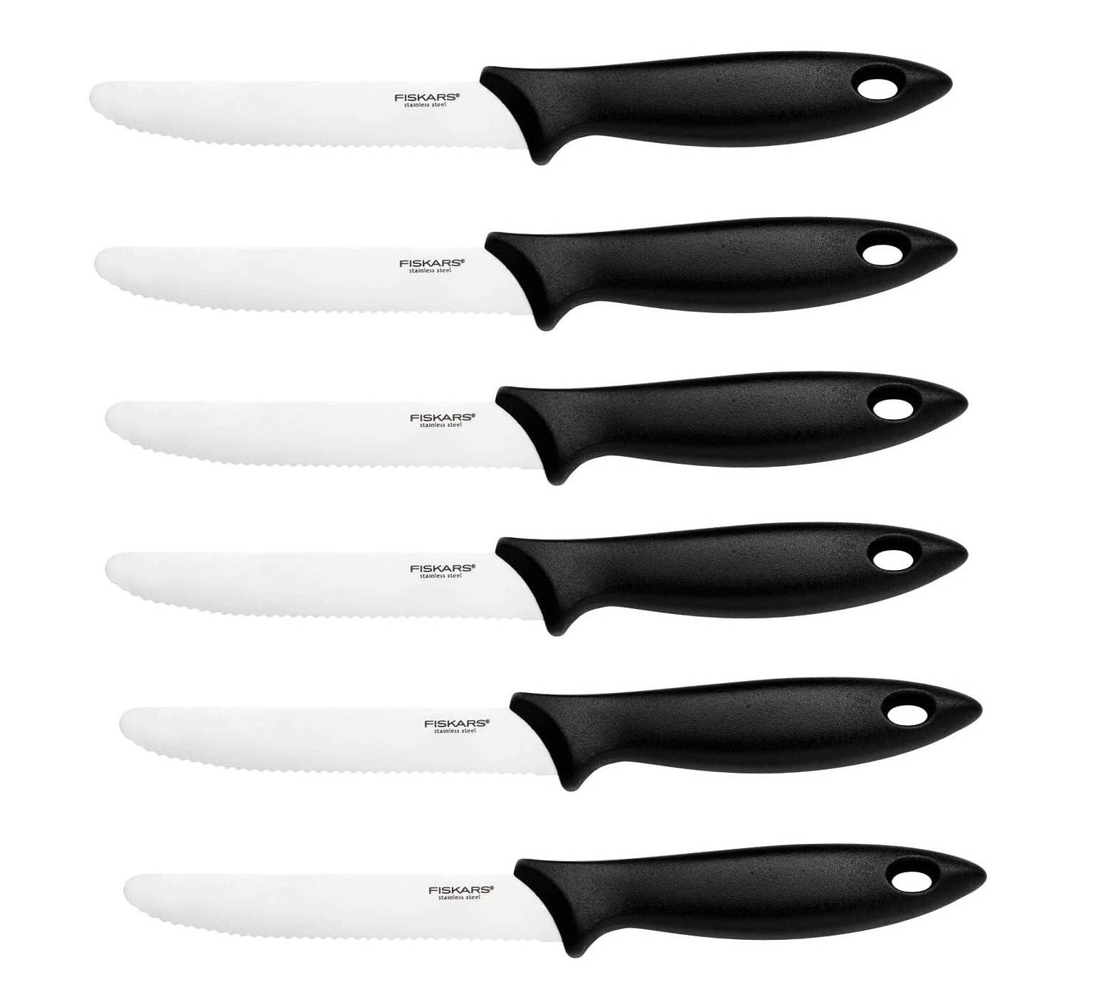 Fiskars 6 Stück Tafelmesser - Tomatenmesser Functional Form mit Wellenschliff rostfrei - Edelstahl/Kunststoff - Schwarz
