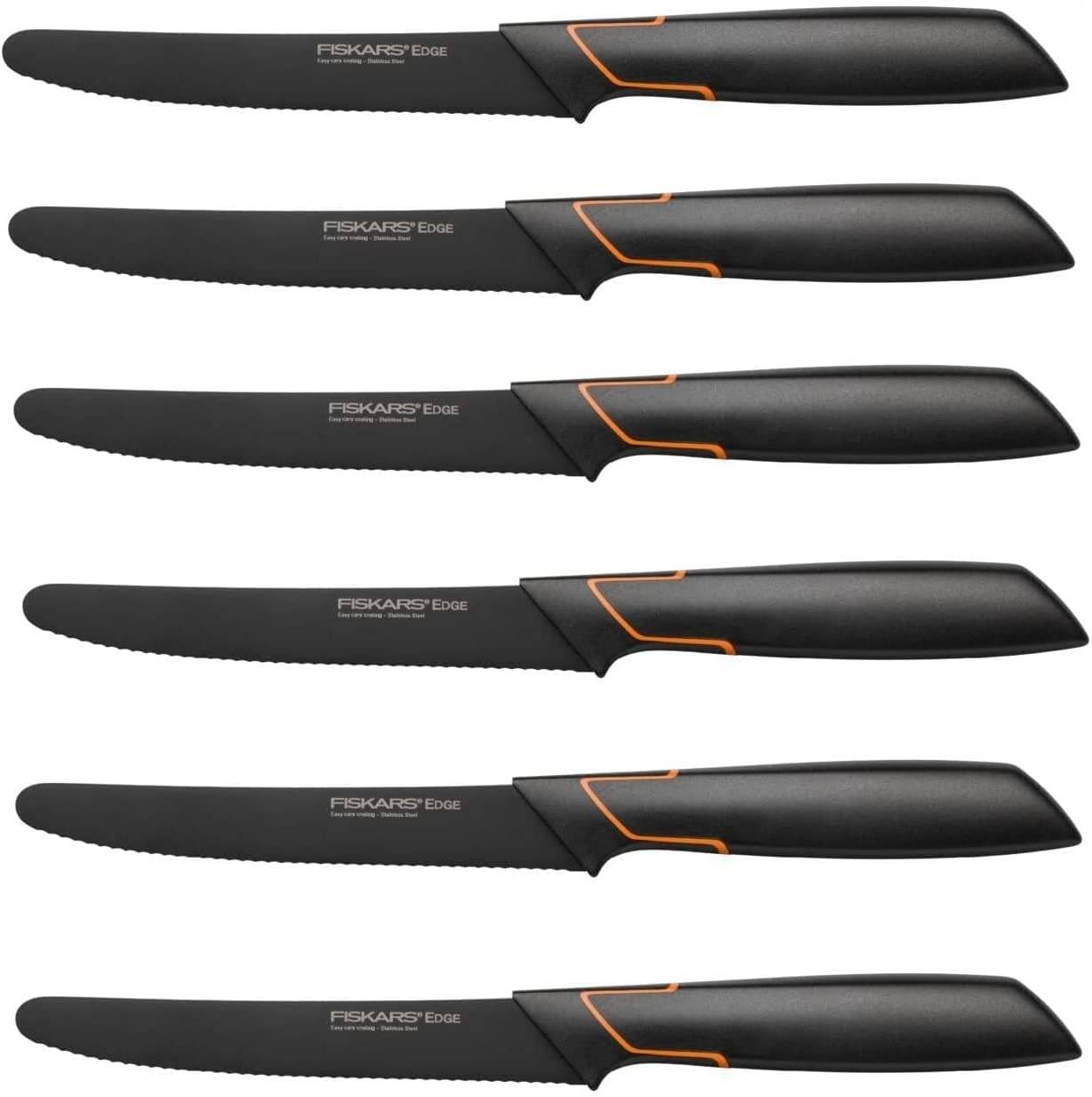 Fiskars 6 Stück Tafelmesser - Tomatenmesser Edge mit Wellenschliff rostfrei - Modernes Design - Schwarz