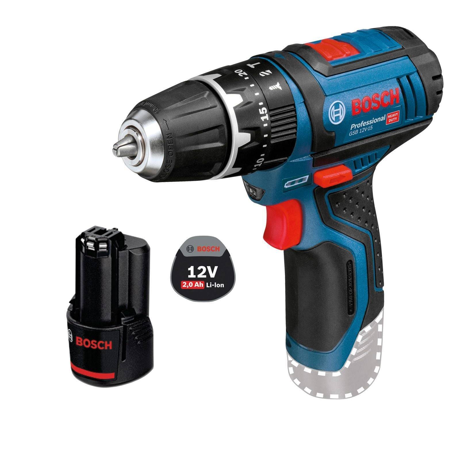 Eine blaue und schwarze Bosch Akku-Bohrmaschine mit einer 12V-Lithium-Ionen-Batterie, ausgestattet mit einstellbaren Drehmomenteinstellungen und ergonomischem Griff.