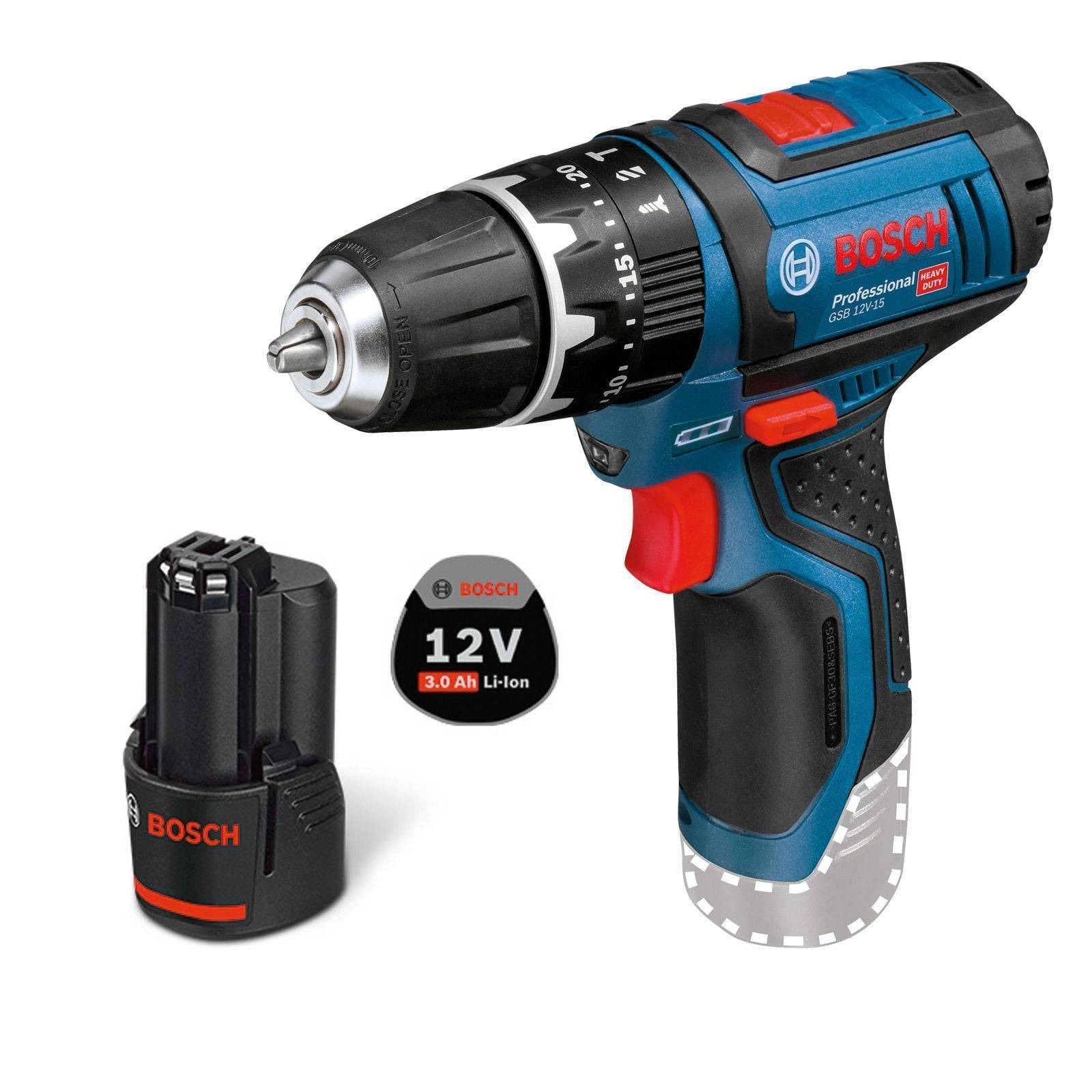 Akku-Bosch-Bohrschrauber mit 12V-Lithium-Ionen-Akku und Ladegerät, mit Schwerpunkt auf kompaktem Design und professioneller Markenidentität.