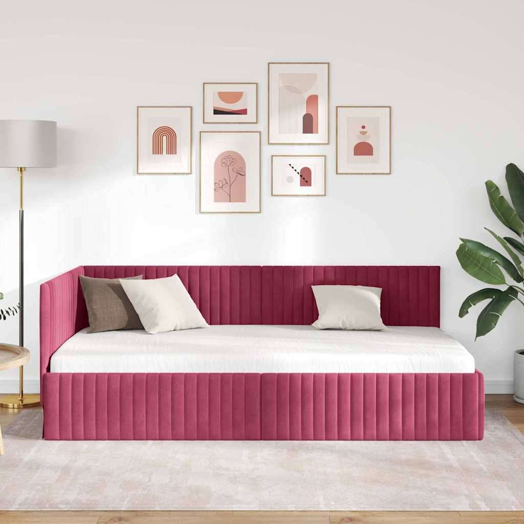 vidaXL Eckbettgestell mit Kopfteil Weinrot 100 cm x 200 cm Samt