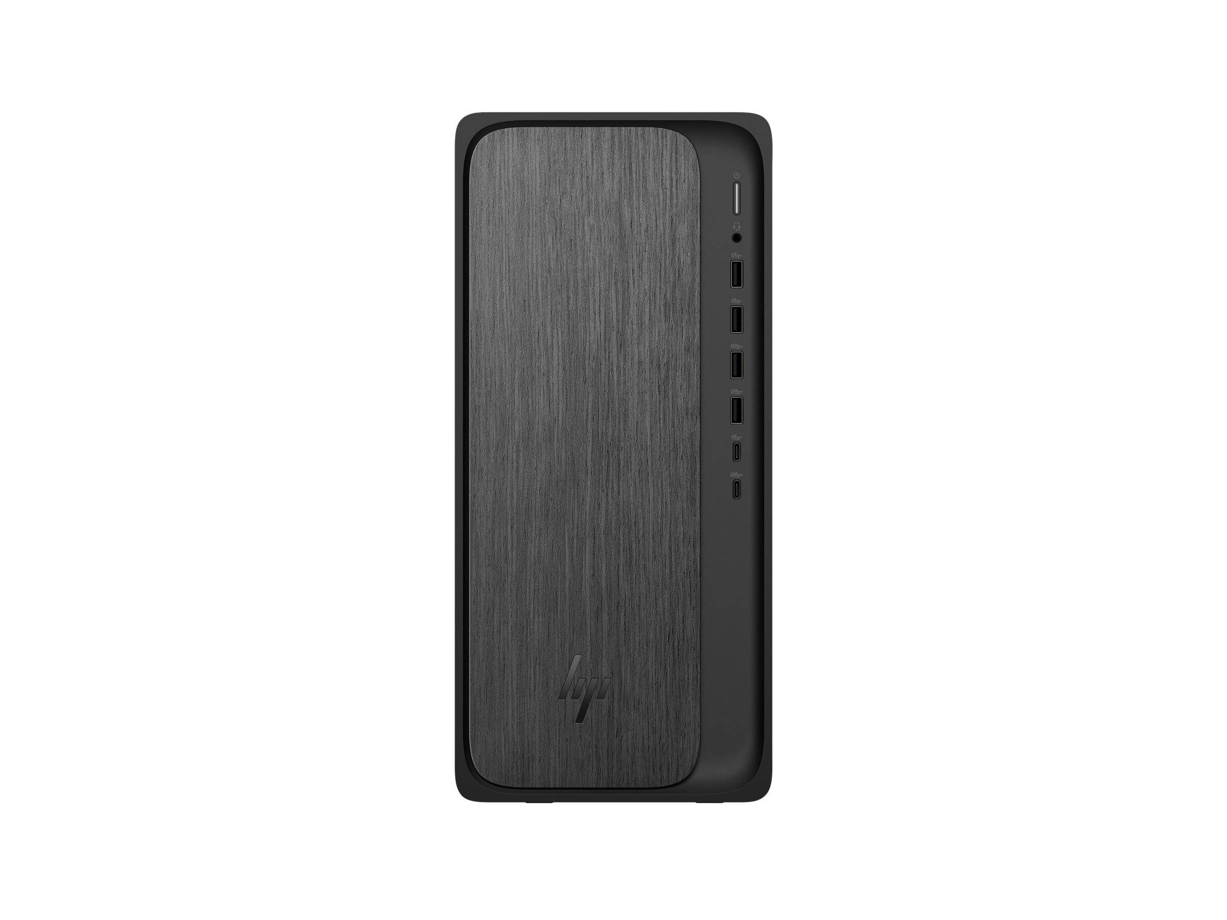 Ein schlanker, schwarzer Desktop-Computerturm mit einer Front-Blende aus gebürstetem Metall, ausgestattet mit USB-Anschlüssen und einem minimalistischen Logodesign am unteren Rand.