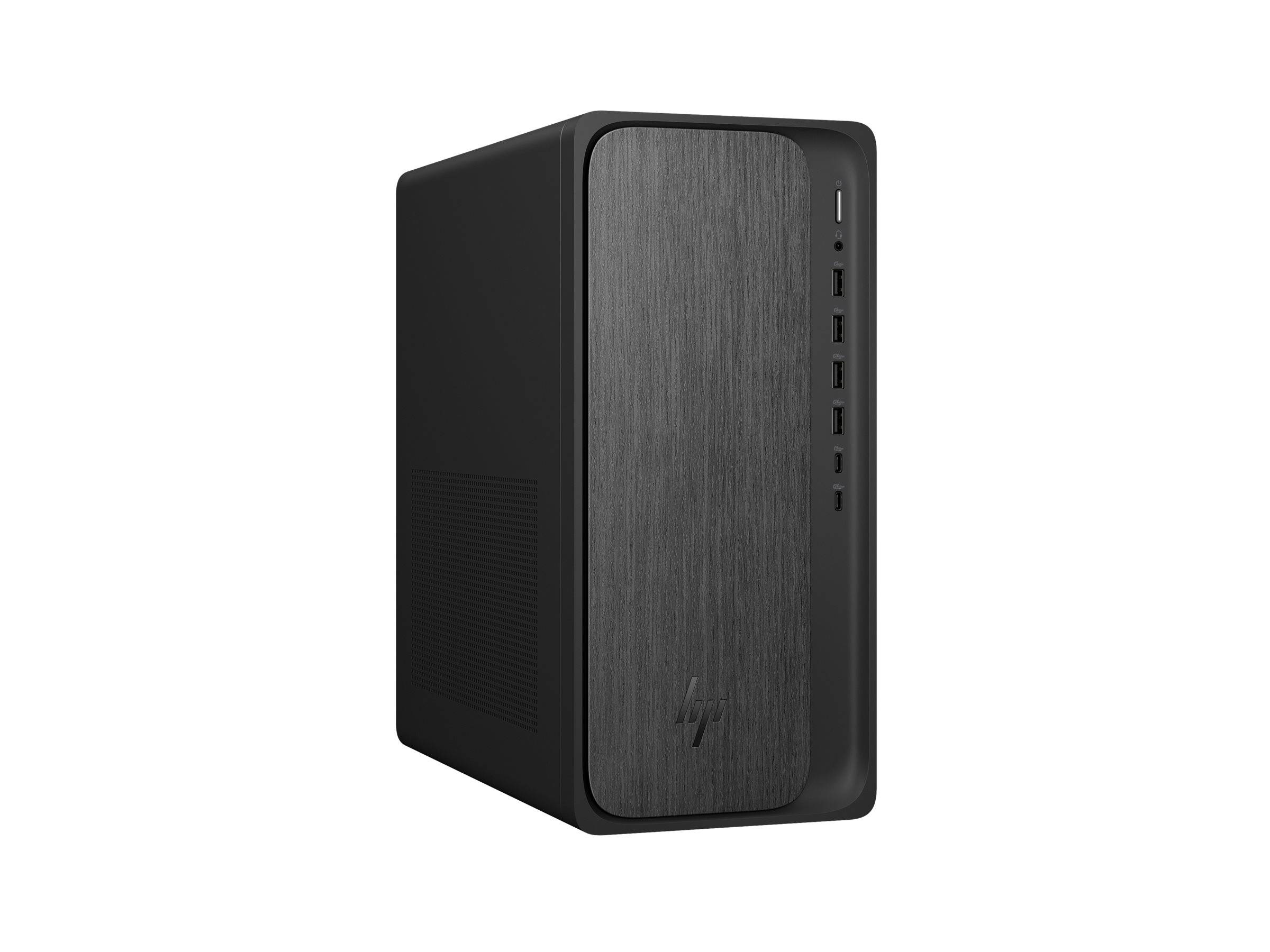 Ein schlanker schwarzer Desktop-Computerturm mit einer Front-Blende aus gebürstetem Metall, der mehrere USB-Anschlüsse und einen Einschaltknopf an der Seite aufweist.