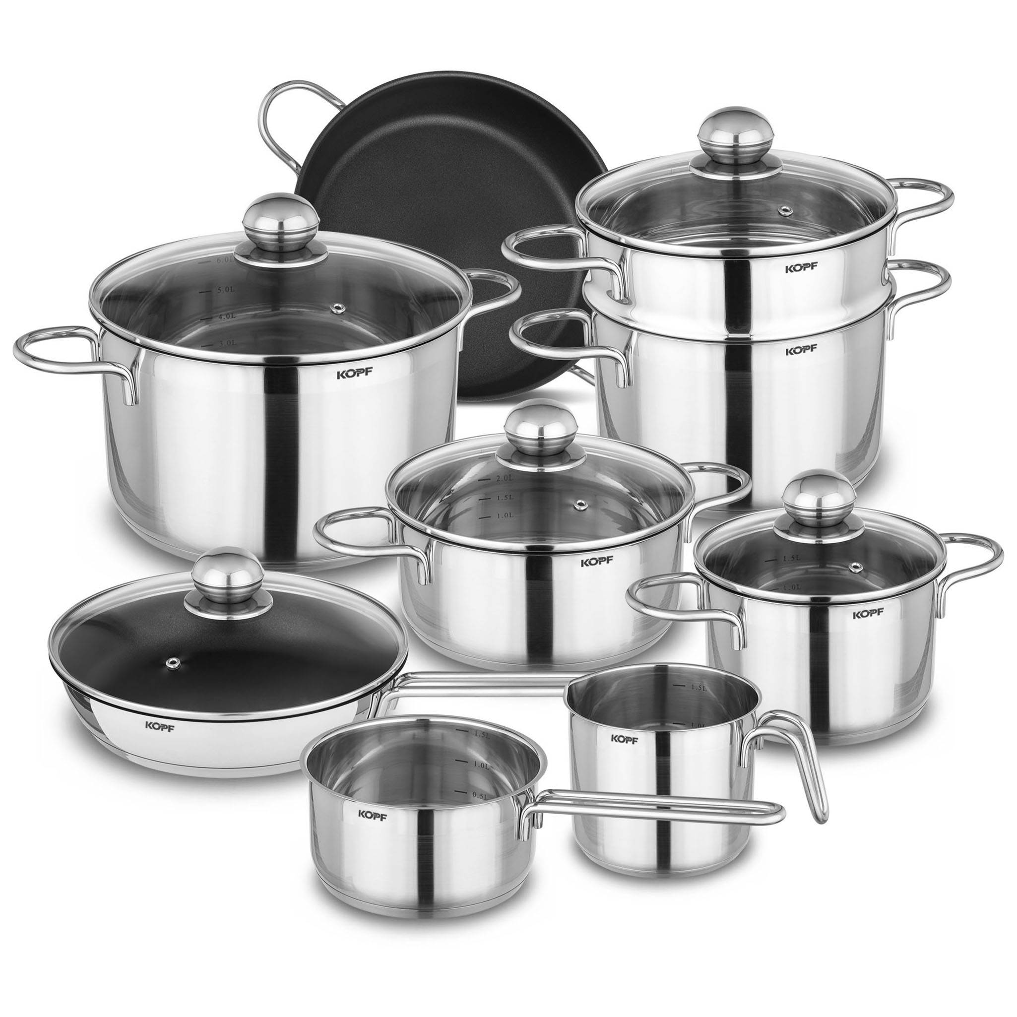 Kopf Topfset Josie aus Edelstahl, Induktion, Literskala, inkl. Glasdeckel, 14-teilig