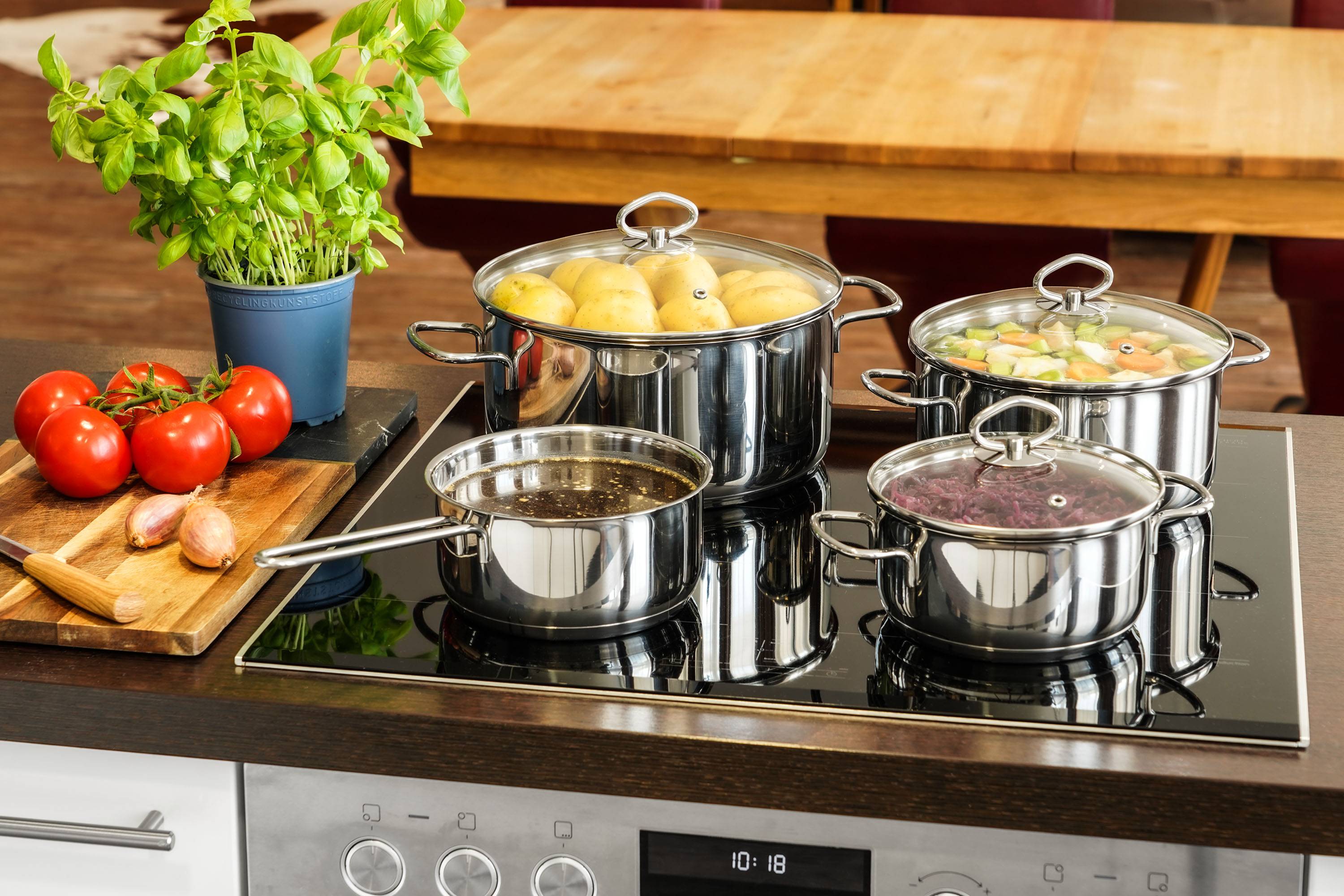 Kopf Topfset Merkur (Edelstahl, Induktion, 4-teilig, mit Schüttrand, Literskala und Glasdeckel)