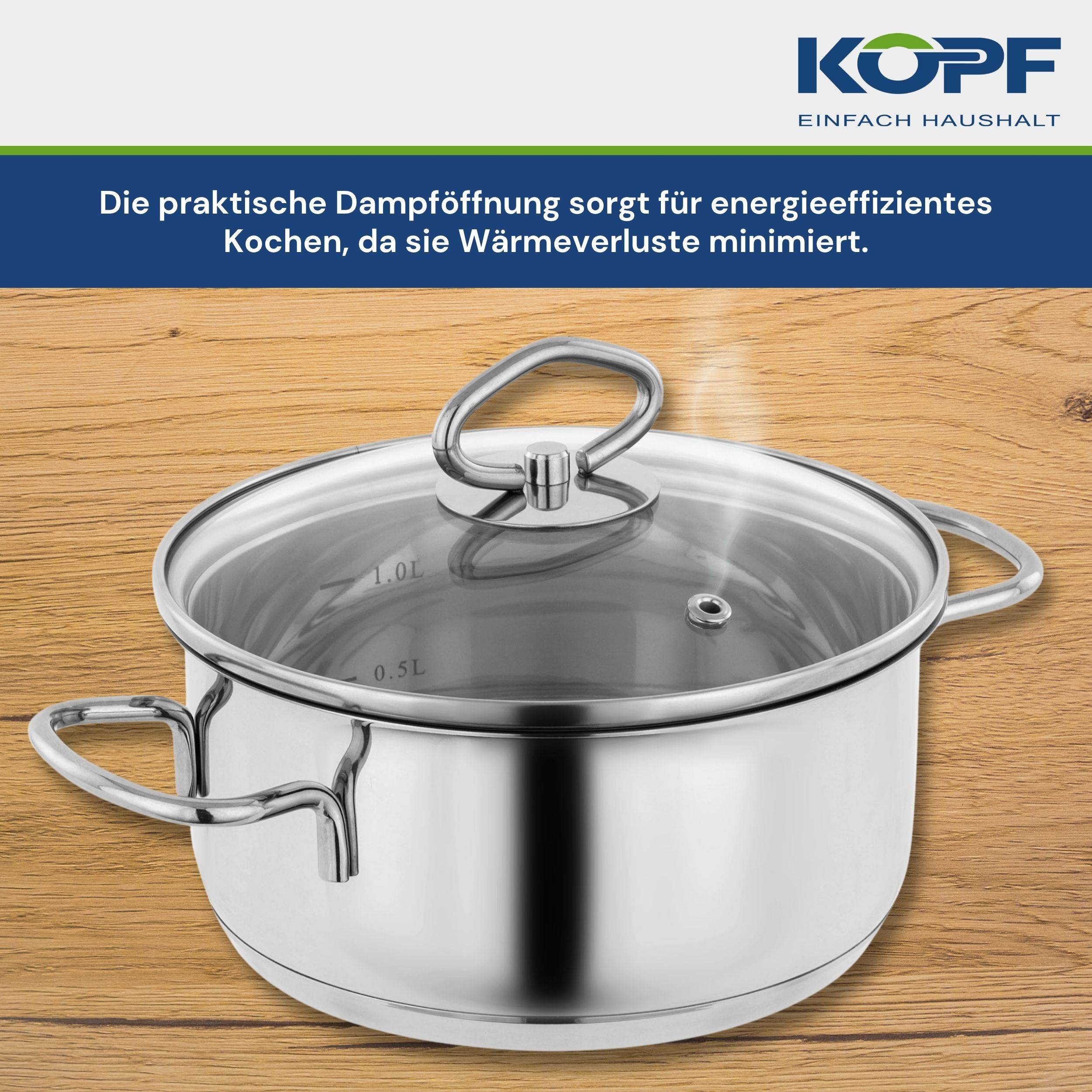 Kopf Topfset Merkur aus Edelstahl - Induktionstöpfe mit Schüttrand, Literskala und Glasdeckel – 6-teilig