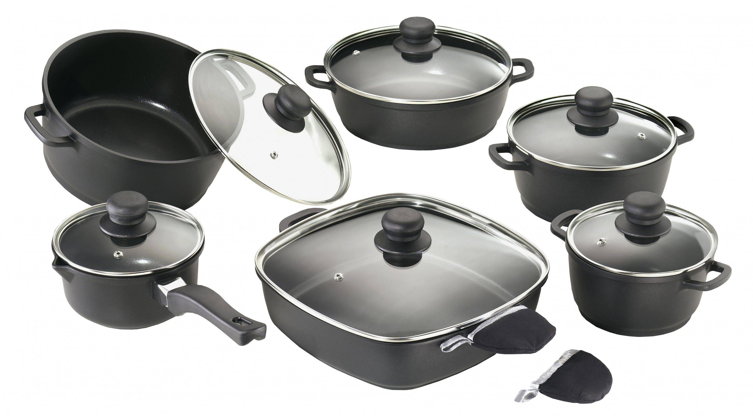 Karcher Topfset (Aluguss, 12-teilig, Teflon-Classic-Antihaftbeschichtung, inkl. Glasdeckel und 2 Thermogrips)