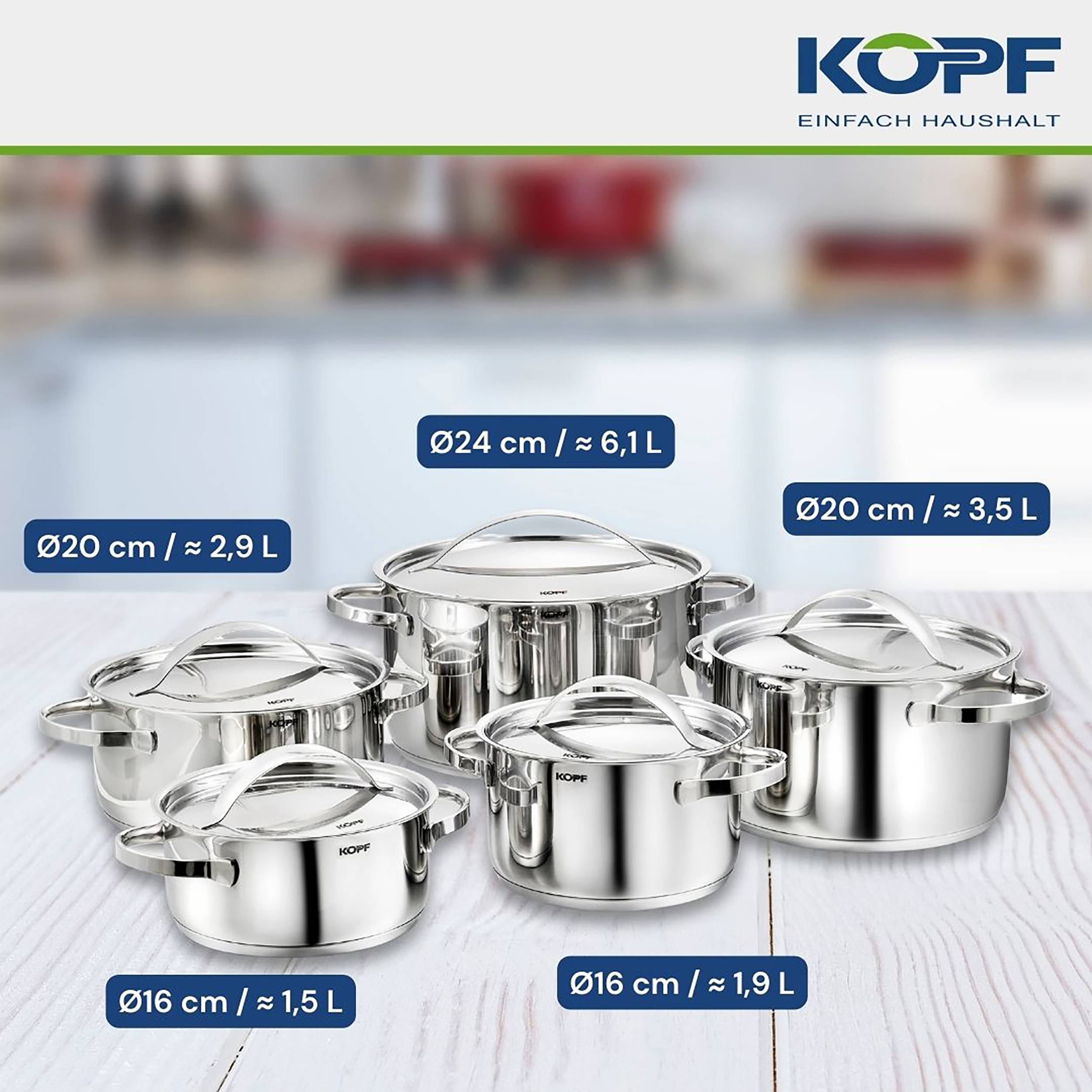 Kopf Topfset Stilo (Edelstahl, 10-teilig, inkl. 5 Deckel, Induktion)