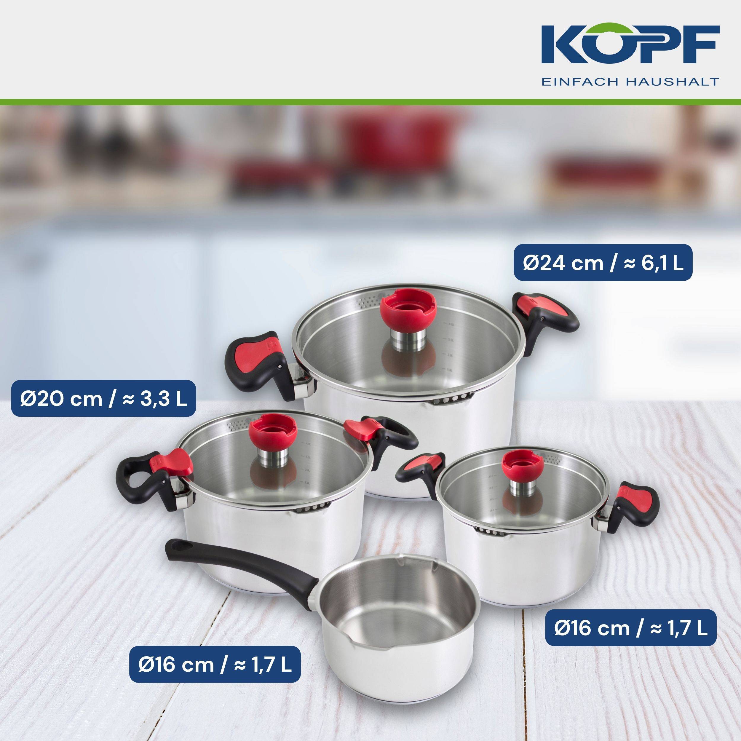 KOPF Nelo Topfset (7-teilig, Edelstahl, Induktion, mit intelligenter Abgießhilfe)