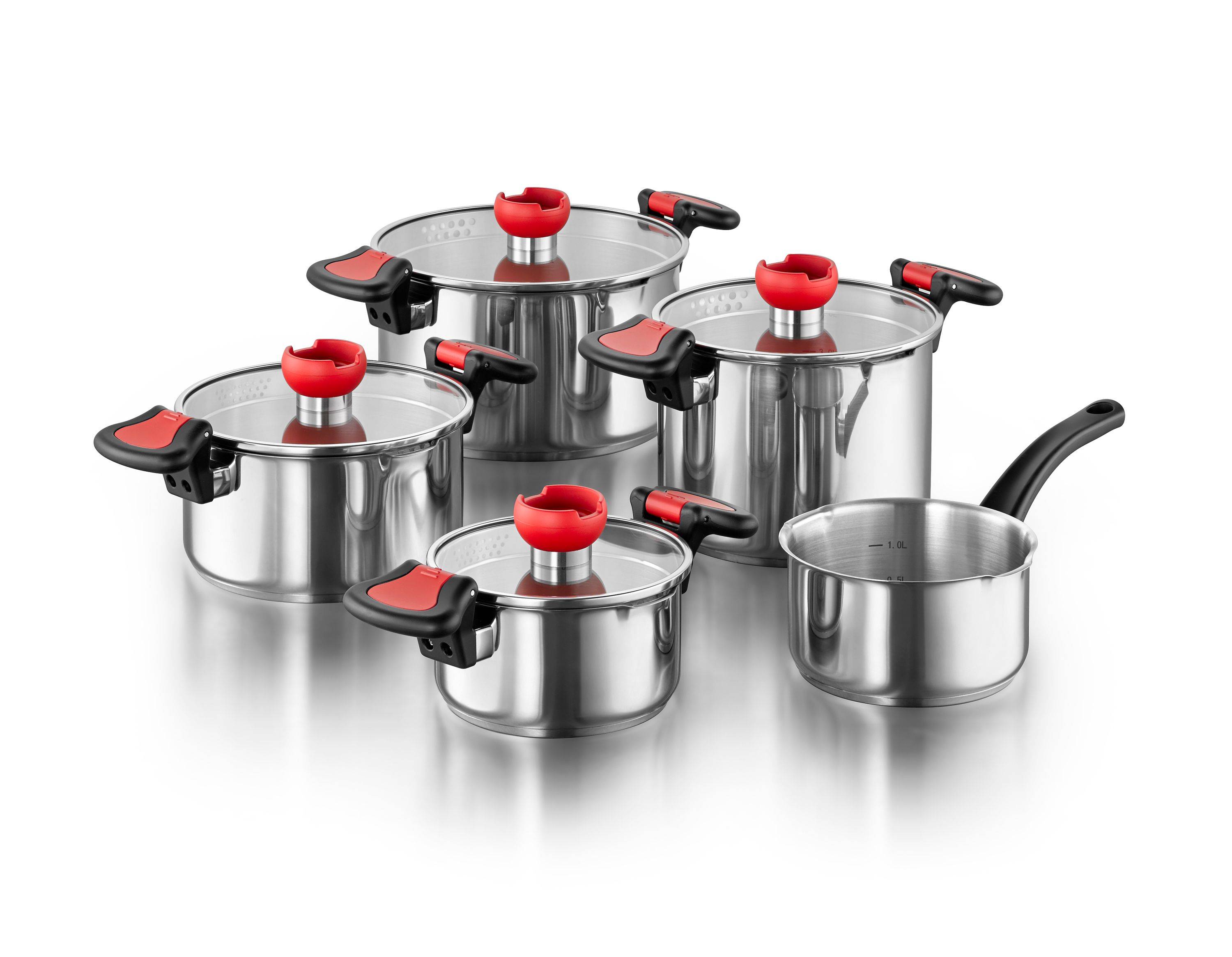 KOPF Topfset Nelo aus Edelstahl, Induktion, Kochtopfset mit intelligenter Abgießhilfe, 9-teilig