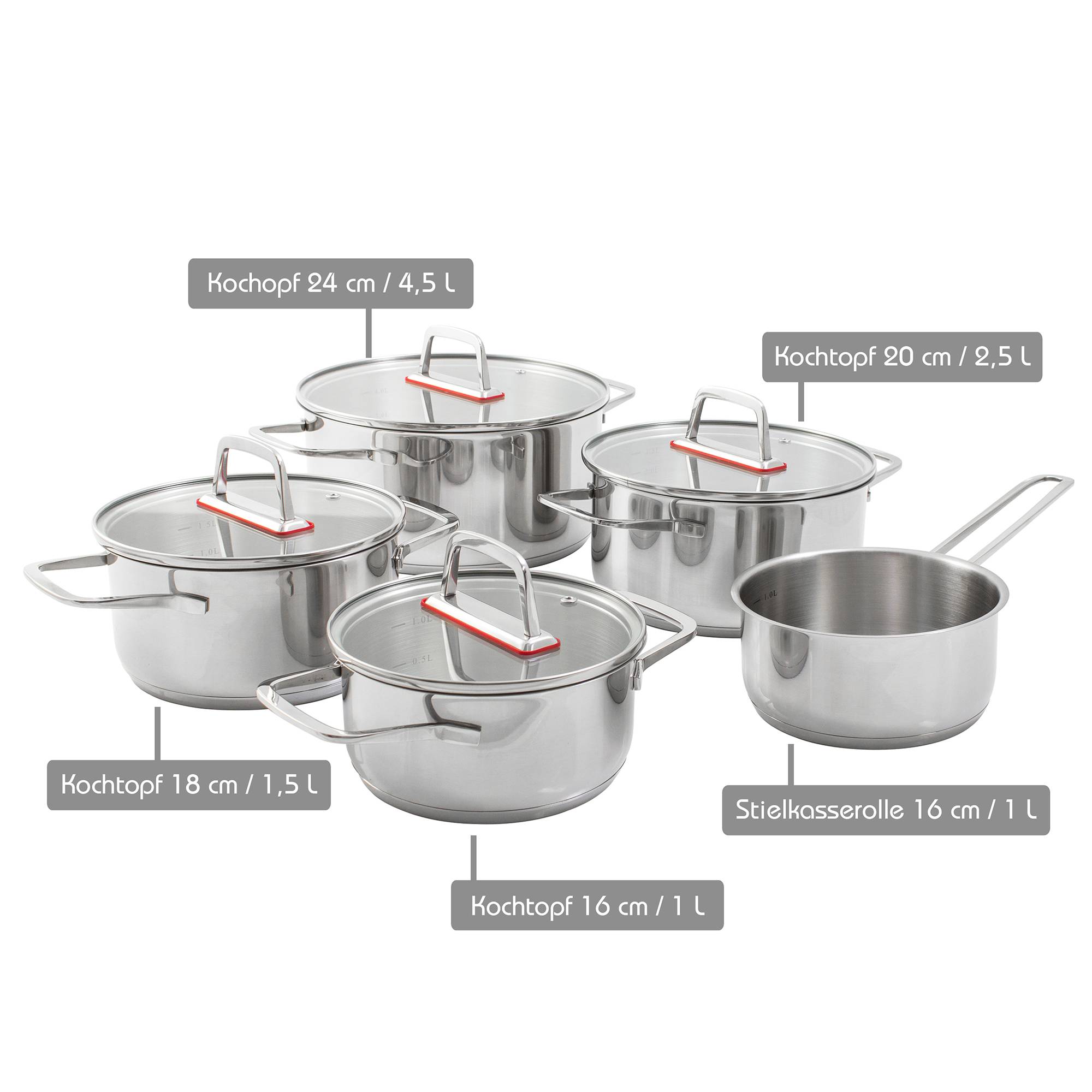 KOPF Topfset Jara aus Edelstahl, Induktion, Kochtopfset mit praktischem Abgießrand, 9-teilig