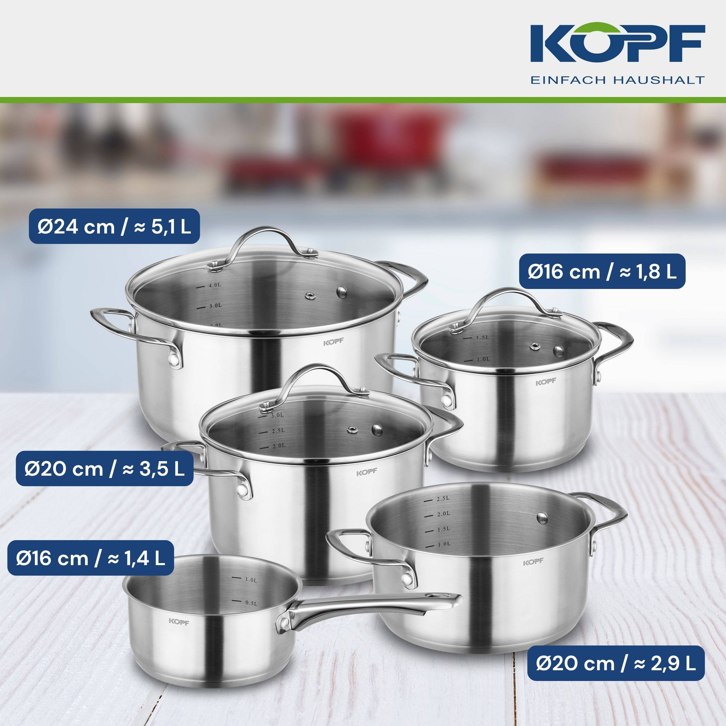 KOPF Topfset Induktion Clara 8-teilig | Kochtopf-Set für alle Herdarten | Literskala | Edelstahl