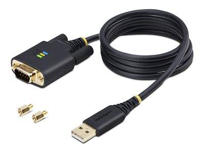Ein schwarzes, gewickeltes USB-zu-VGA-Kabel mit vergoldeten Anschlüssen und zwei kleinen Schrauben. Zum Anschluss von Computern an Displaygeräte verwendet.