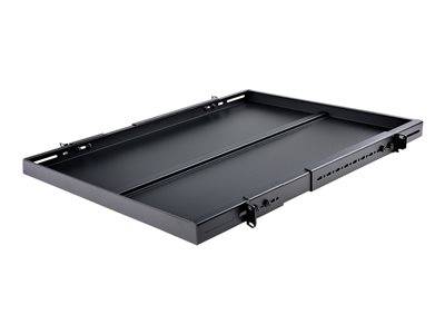 Ein schwarzes, rechteckiges Metallblech mit erhöhten Kanten und mehreren Löchern entlang der Seite, das zum Einbau in ein Geräteregal verwendet wird.